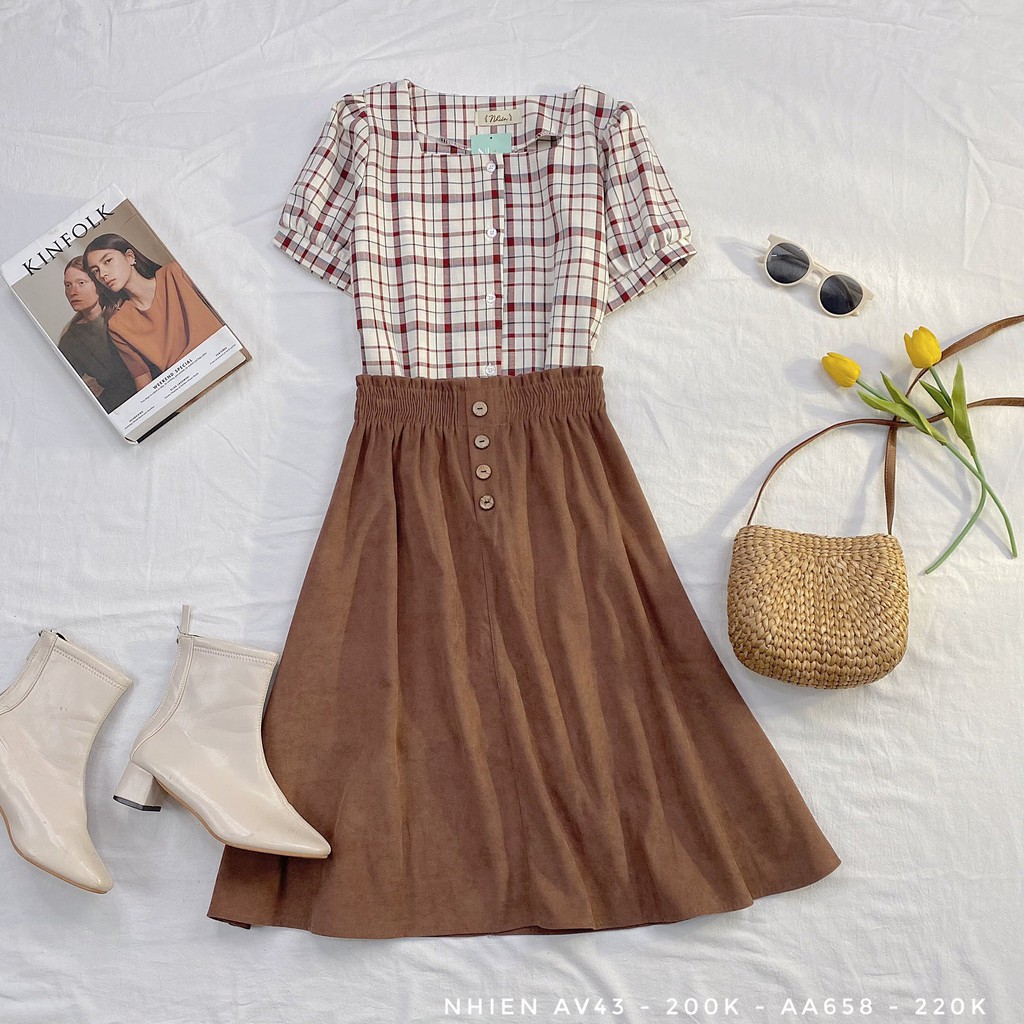 Áo sơ mi caro cổ vuông Nhien vintage  tay ngắn kiểu nữ công sở AA658
