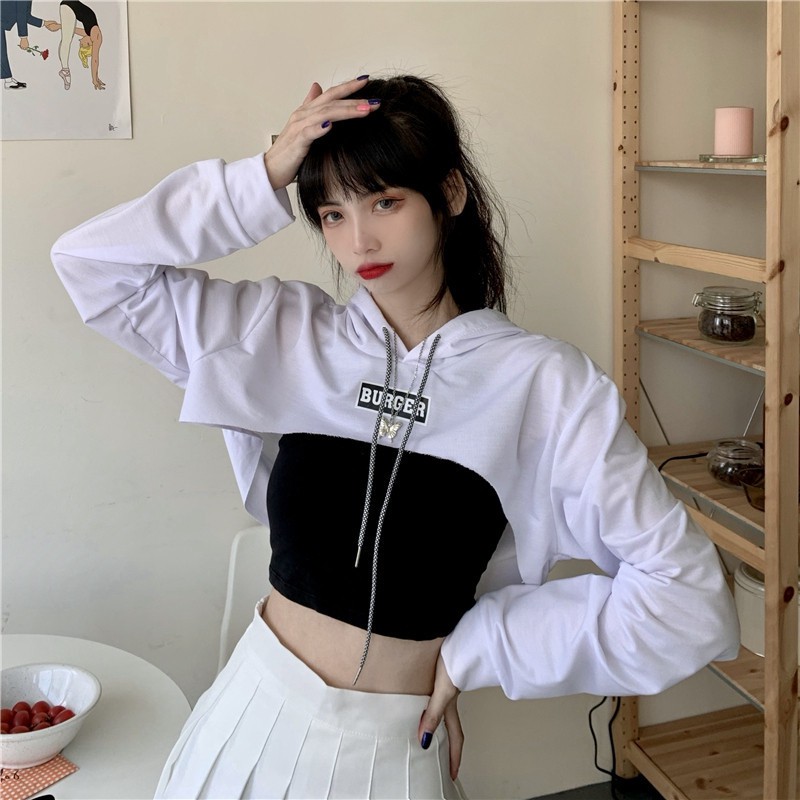 Set áo croptop Maoshop ôm body tay dài phong cách ulzzang Hàn Quốc, Áo hoodie croptop 2 món cá tính - C65