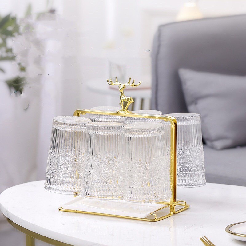 Bộ Bình Cốc giá đựng nước Thủy Tinh viền vàng ,vân sần ,sóng nước cao cấp Grado