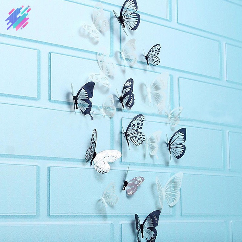Bộ 18 miếng decal dán tường trang trí hình bướm trắng đen 3D