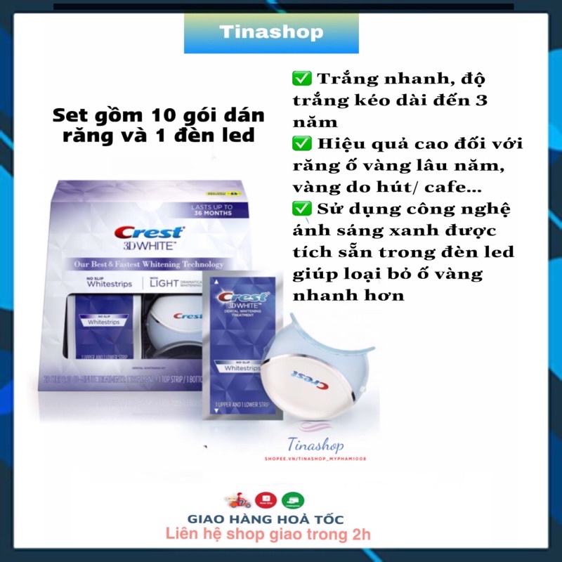 Bộ 20 miếng (10 gói) dán trắng răng Crest 3D White và đèn chiếu