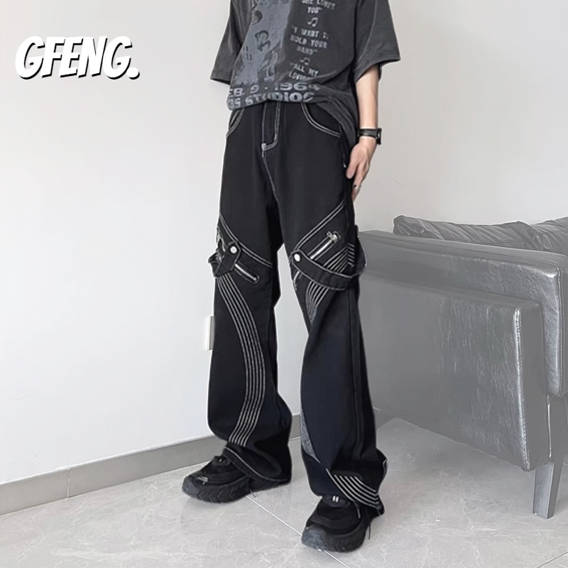 Phong cách hip-hop đường phố cao cấp kiểu Mỹ thêu quần jean thẳng nam và nữ hip-hop fog gió ống rộng