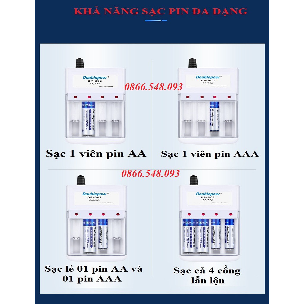 Bộ sạc pin đa năng 4 cổng Doublepow DP-B02 Tặng 4 pin tiểu AA1200 + Hộp nhựa đựng pin