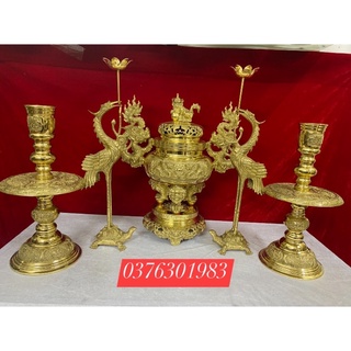 Bộ lư thờ bằng đồng F34 , đỉnh Hạc nến tam sự ngũ sự cao 34cm , lư hương chân nến hạc bằng đồng nguyên chất