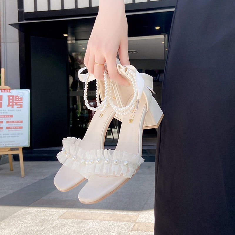 Giày sandal IELGY cao gót một dây quai ngang đính ngọc trai thoải mái thời trang Pháp cho nữ
