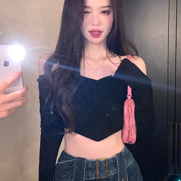 Áo thun crop top dệt kim ZHELIHANGFEI hở lưng phối dây xích trẻ trung quyến rũ thời trang cho nữ