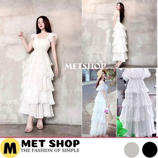 Đầm Công Chúa nhiều tầng màu trắng, hở vai 2 dây dáng xòe ,Váy Maxi thiết kế trễ vai sang trọng Vintage Tiểu Thư,METSHOP