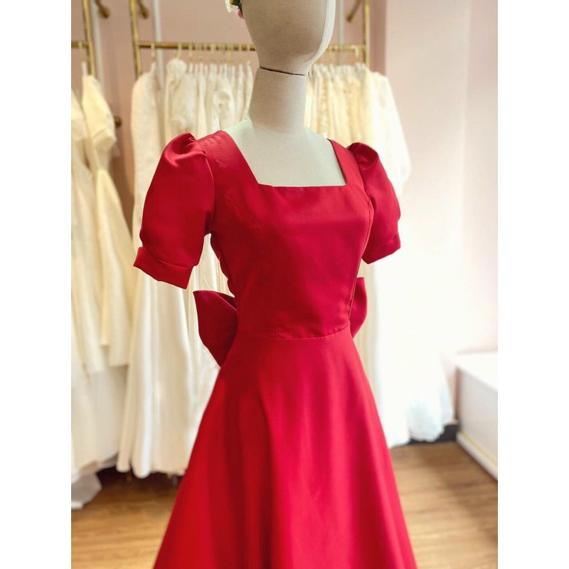 Đầm maxi dự tiệc mặc cưới cổ V gợn sóng TRIPBLE T DRESS tay ngắn phồng - size S/M/L - MS114Y