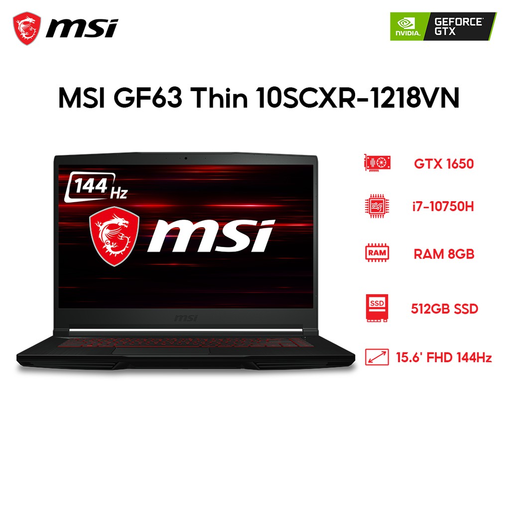 Laptop MSI GF63 Thin 10SC-020VN (i7-10750H | 8GB | 512GB | VGA GTX 1650 4GB | 15.6" FHD 144Hz | Win 10)-Chính hãng | WebRaoVat - webraovat.net.vn