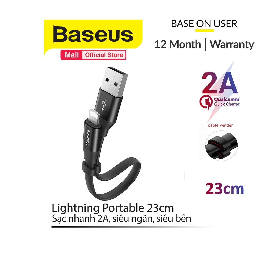 Cáp sạc Baseus Lightning Portable 23cm (2A, Sạc nhanh, Siêu ngắn, Siêu bền)