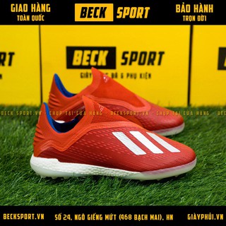 Giày Bóng Đá TQ X 18+ Đỏ Vạch Bạc Đế Trắng Không Dây TF