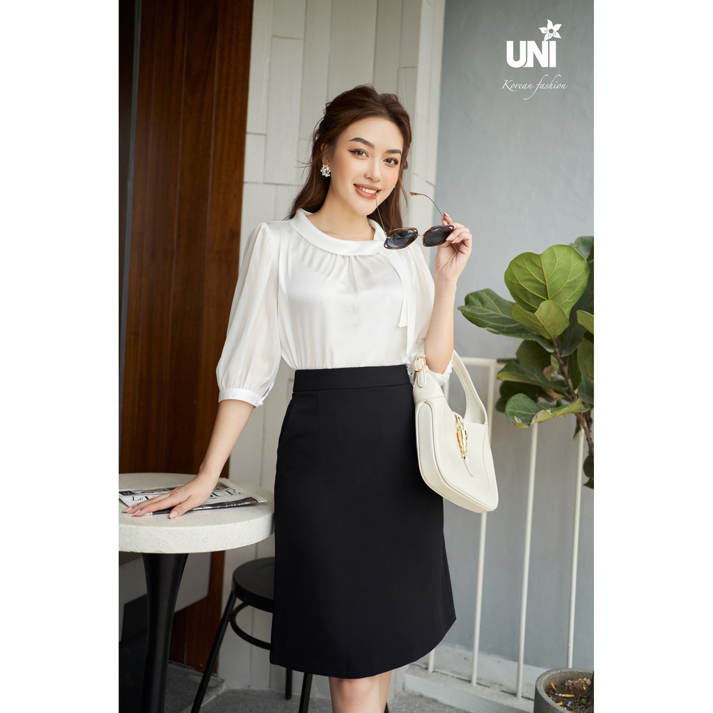 Chân Váy Chữ A UNIVTH Công Sở Cạp Cao Đen Trắng 5CA184 Uni Korean Fashion