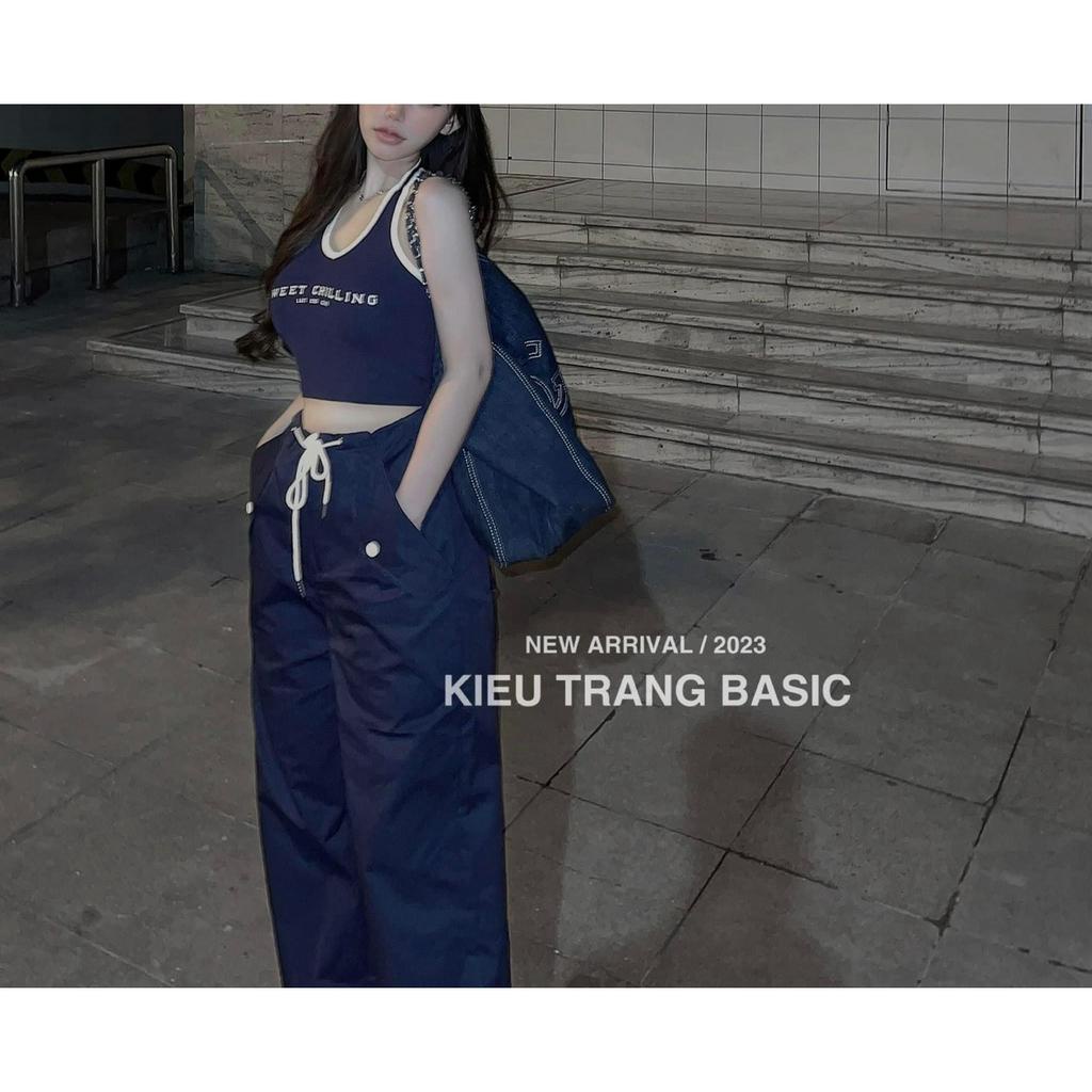 Set Bộ Đồ Nữ Áo Yếm Croptop Phối Viền Trắng SWEET Mix Quần Thun Ống Rộng Dây Rút Ống Freesize