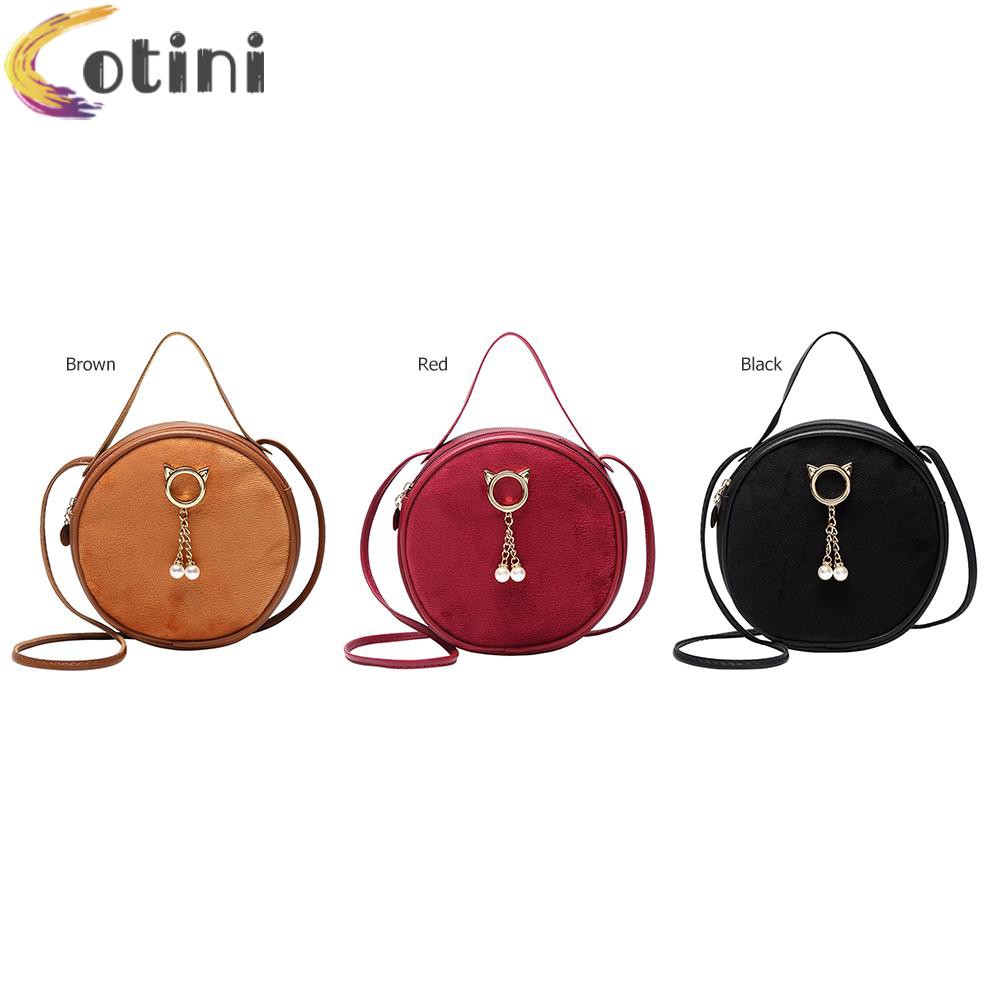 COTINI Casual Round Shaped Messenger Purse Women Street PU Plush Shoulder Bag Tote