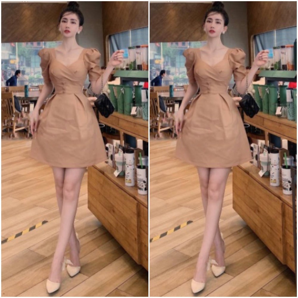 Đầm xoè tay phồng nút bọc