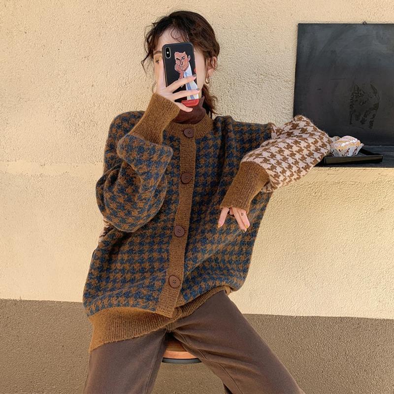Áo Khoác Len Cardigan Dáng Rộng Màu Sắc Retro Phong Cách Hàn Quốc Cho Nữ