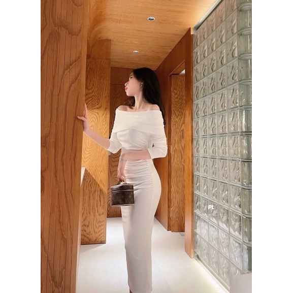 Váy Đầm dự tiệc trễ vai màu trắng body tay dài sexy hàng thiết kế chính hãng CICI -