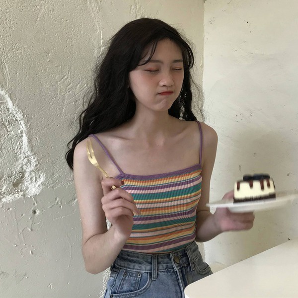 Áo 2 dây ZHELIHANGFEI dệt kim kẻ sọc màu cầu vồng