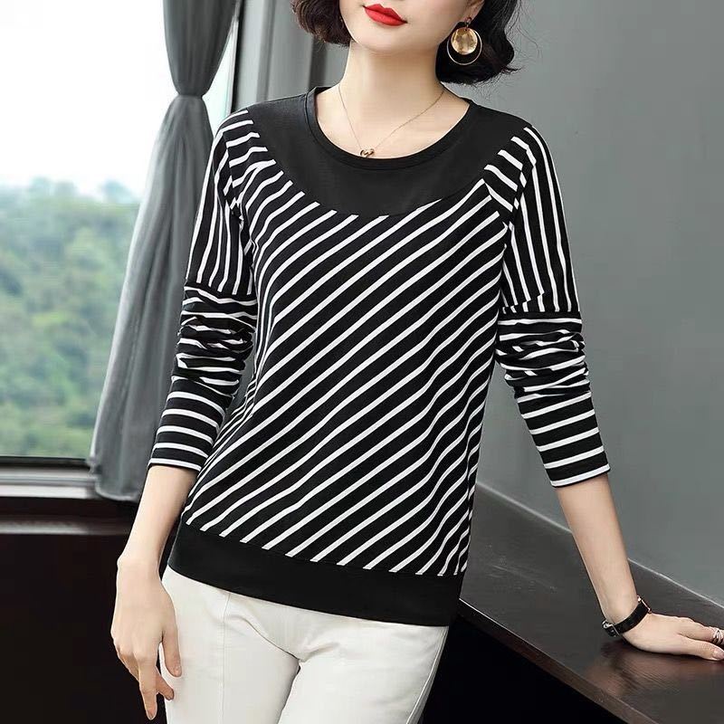 Áo Thun Tay Dài Dáng Rộng Plus Size Họa Tiết Kẻ Sọc Dành Cho Phụ Nữ Trung Niên