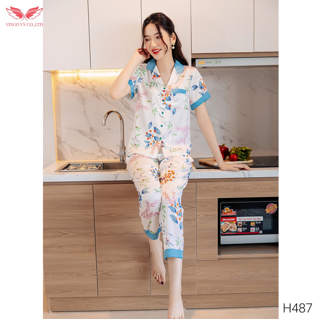 Đồ Bộ Ngủ Nữ Pijama Mặc Nhà VINGO Lụa Pháp Cao Cấp Tay Cộc Quần Dài Họa Tiết Hoa Phối Xanh Thanh Lịch H487 VNGO