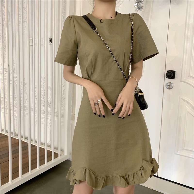 Đầm ngắn tay màu trơn đơn giản thiết kế lưng cao phong cách Hàn Quốc cho nữ | BigBuy360 - bigbuy360.vn