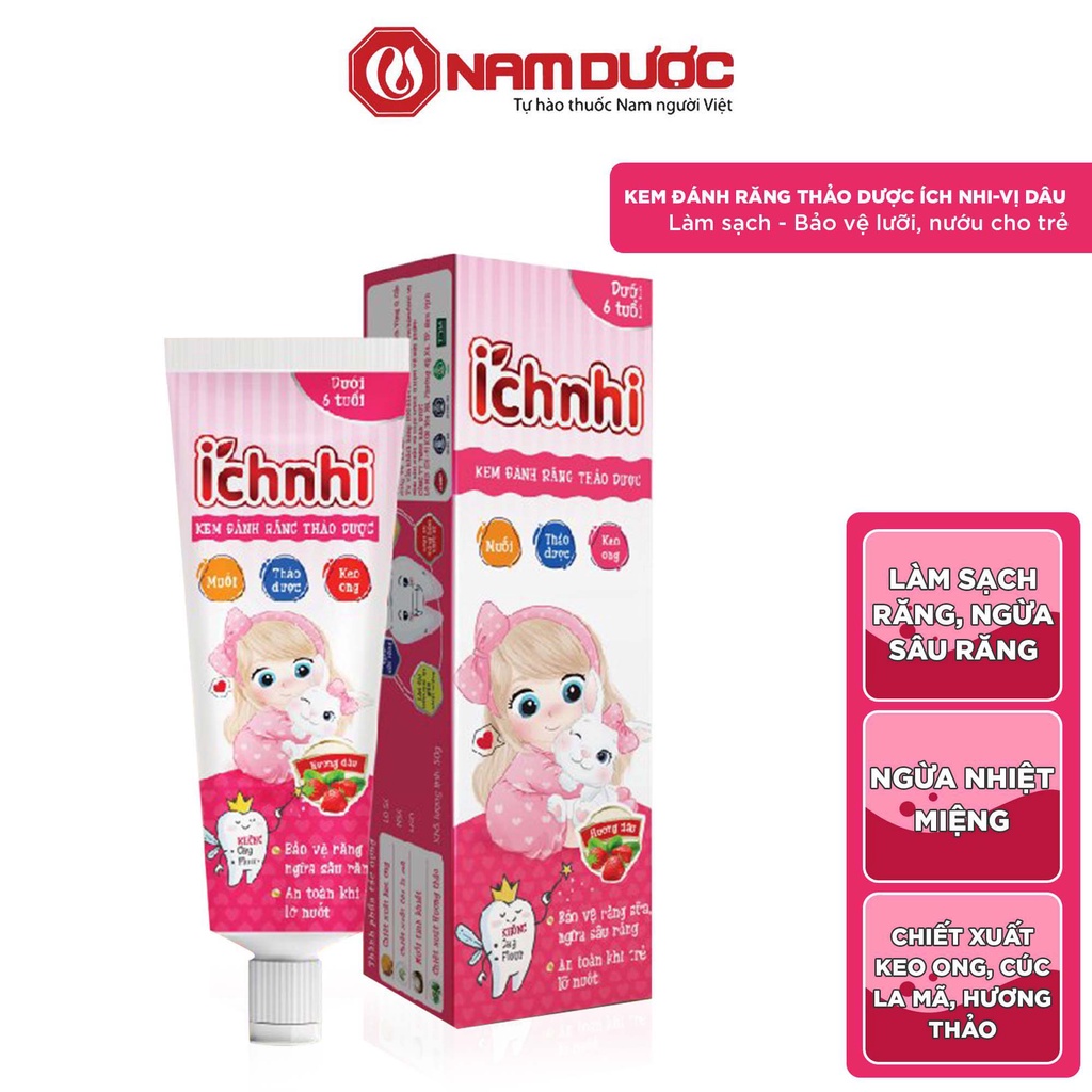 Kem đánh răng thảo dược Ích Nhi hương dâu tuýp 50g cho bé dưới 6 tuổi nuốt được, bảo vệ răng sữa, ngừa sâu răng cho bé