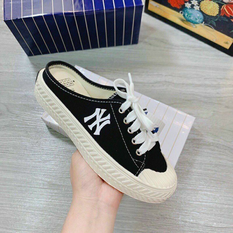 Giày Sục Nữ Vải Canvas Chữ NYY Đế Cao 3cm In Vân Nổi