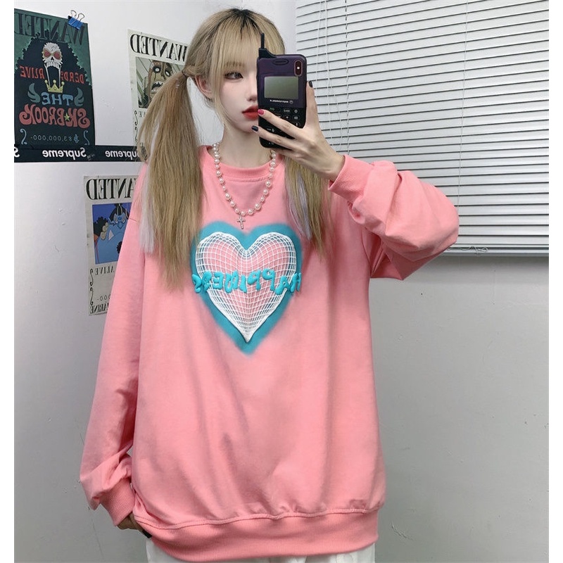 Áo sweater ZHELIHANGFEI tay dài dáng rộng họa tiết trái tim phong cách trẻ trung năng động