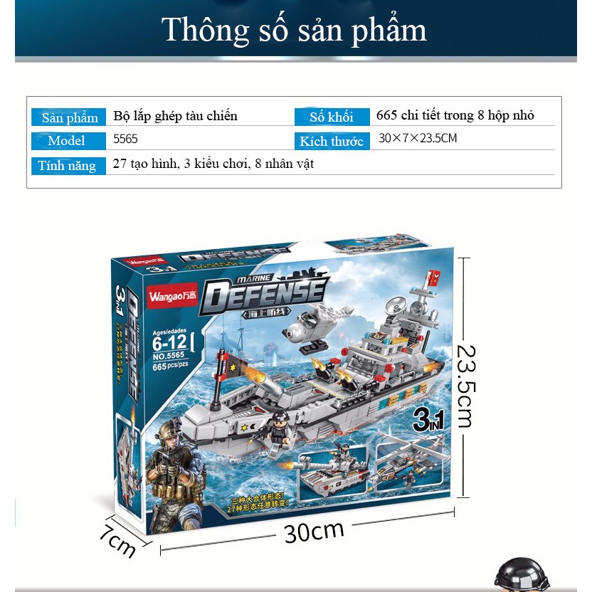 Bộ xếp hình đồ chơi LEGO tàu chiến 665 chi tiết với 27 tạo hình máy bay, xe tăng, ô tô.. phát triển trí tưởng tượng