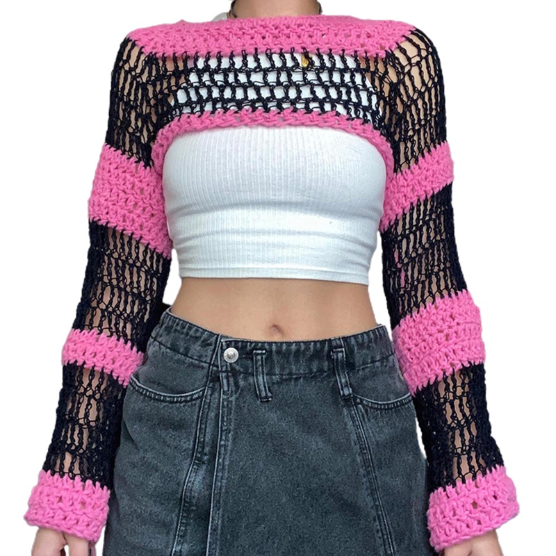 Brroa Áo Croptop Đan Len Tay Dài Họa Tiết Kẻ Sọc Thời Trang Cho Nữ