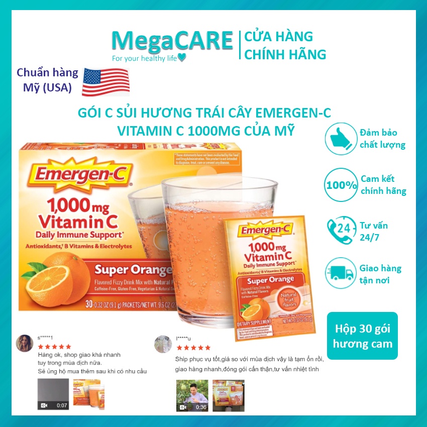 Hộp 30 gói Gói C sủi Emergen-C Vitamin C hương trái cây 1000 mg của Mỹ - Mẫu mới 2021
