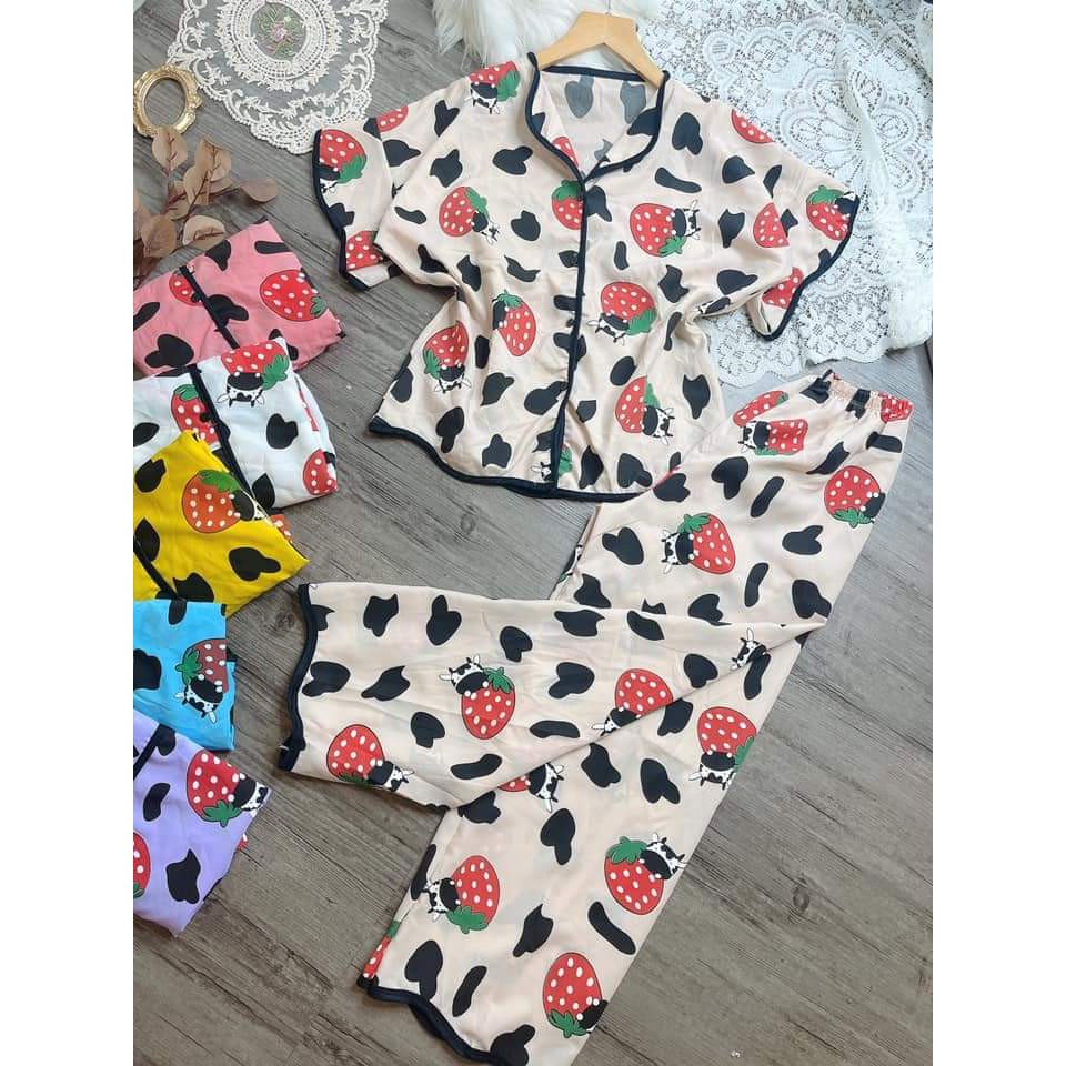 Set đồ bộ áo tay dơi quần dài bò sữa trái dâu
