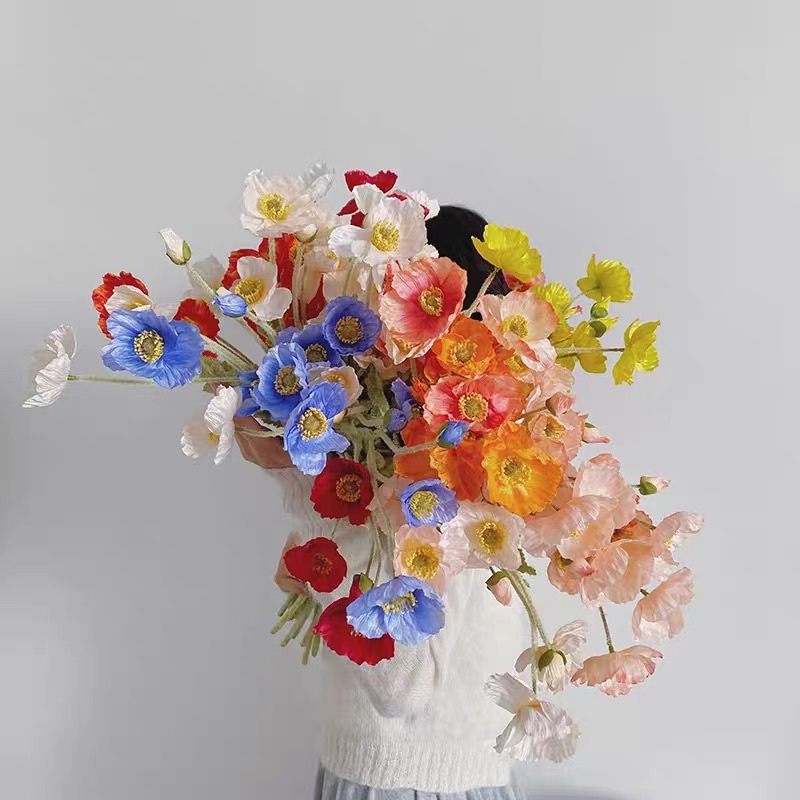 Hoa lụa cao cấp trang trí nhà cửa để bàn hoa giả decor chụp ảnh chùm hoa anh túc MinHome HG1