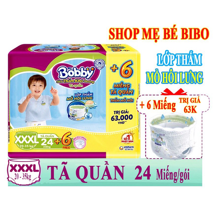 [MẪU MỚI] Tặng 6 Miếng Tã/bỉm Quần Bobby Size XXXL24 - 24 miếng (18kg)