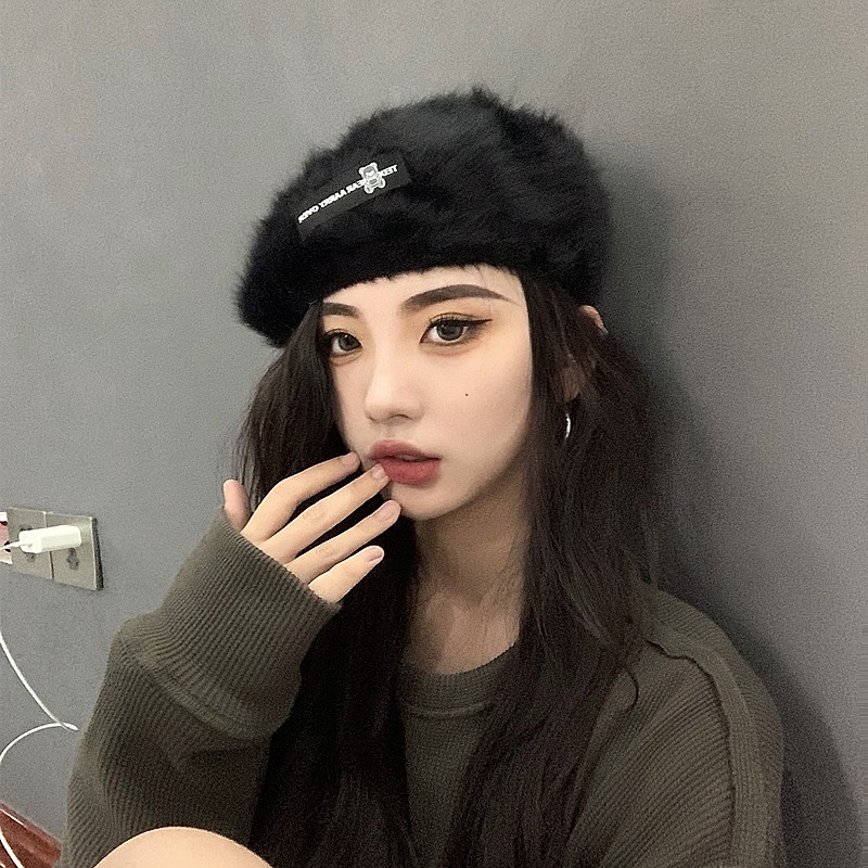 Mũ Beret Lông Thỏ Màu Đen Thời Trang Mùa Đông Cho Nữ