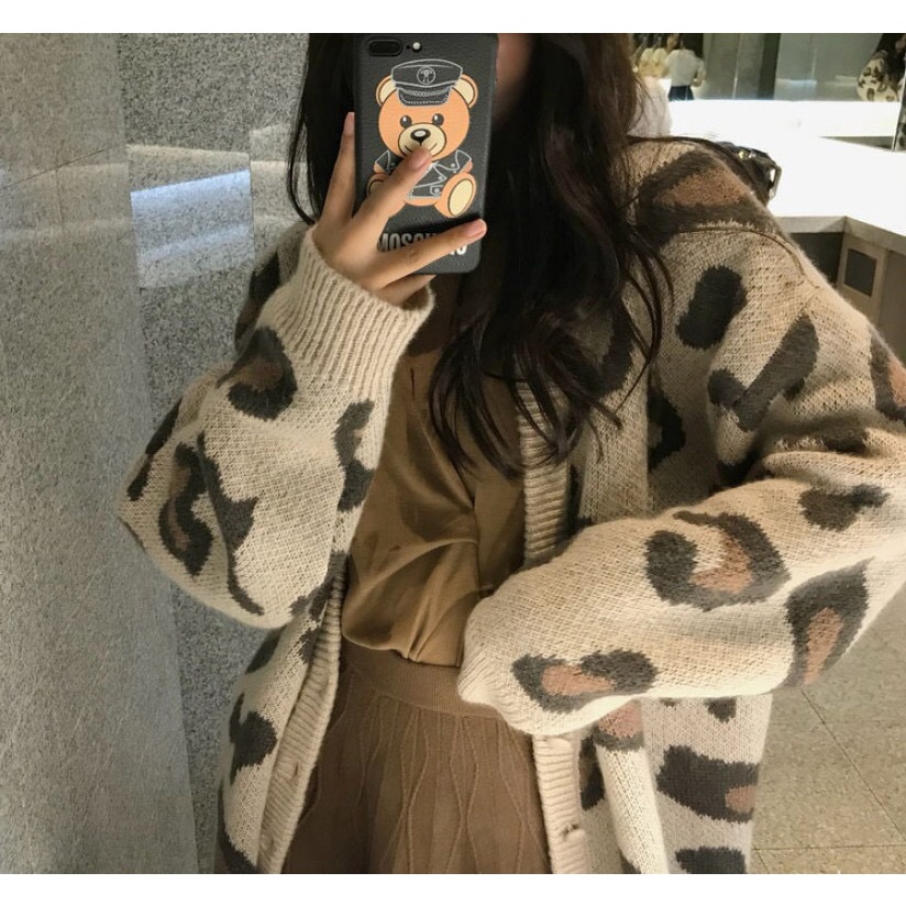 Áo Khoác Len Cardigan Cổ Chữ V In Họa Tiết Da Báo Thời Trang Cho Nữ
