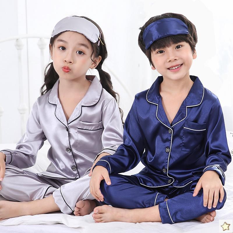 Bộ Đồ Ngủ Vải Lụa Satin Tay Dài Kèm Bịt Mắt Dành Cho Bé Trai Và Bé Gái