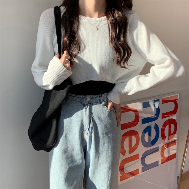 QADCOL Áo khoác ngắn đan dệt kim tay dài thời trang nữ