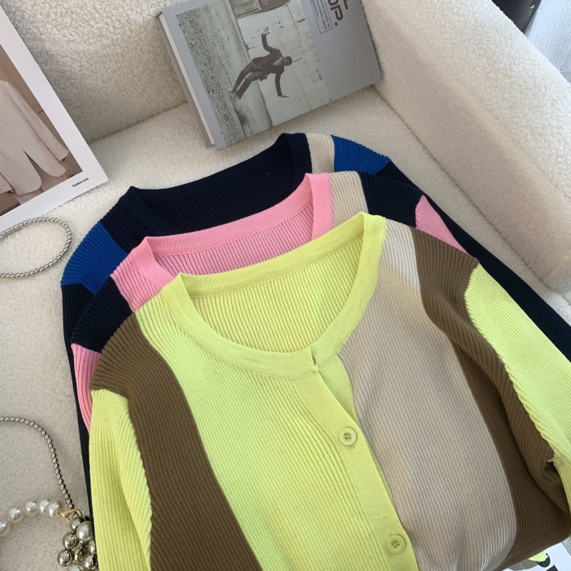 Áo Khoác Cardigan Len Dệt Kim Dáng Ngắn Màu Tương Phản Phong Cách Phương Tây Thời Trang Mùa Thu