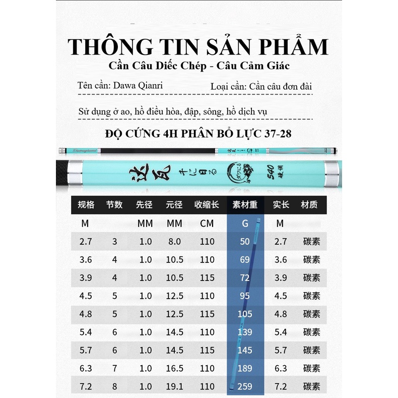 Cần câu đơn câu đài Dawa Qianri 4H 5H 6H siêu bền siêu nhẹ