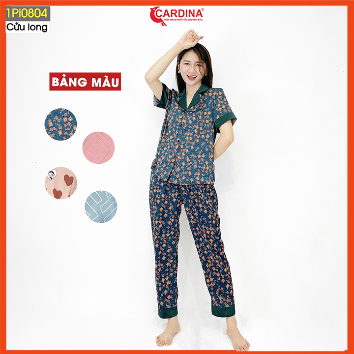 Đồ bộ pijama nữ CARDINA chất lụa satin Nhật cao cấp quần dài áo cộc tay họa tiết tinh tế trẻ trung 1Pi08. | BigBuy360 - bigbuy360.vn