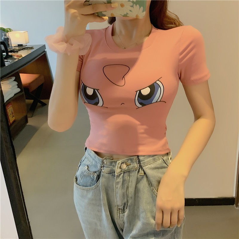 Áo thun croptop tay ngắn in hình Pikachu dễ thương