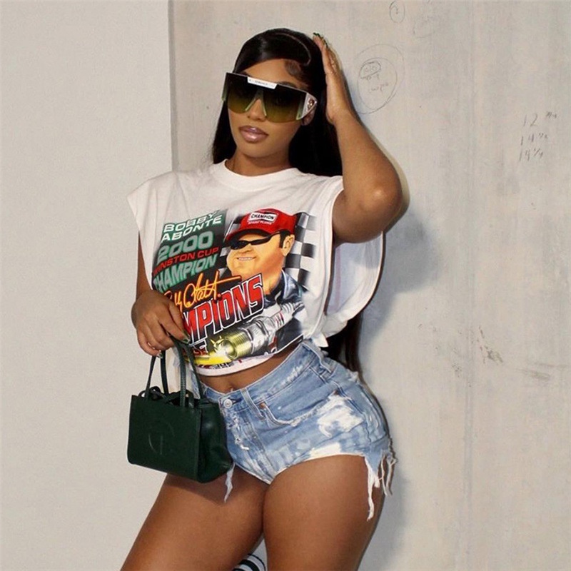 Áo Croptop Cổ Tròn Dáng Rộng In Họa Tiết Cá Tính Cho Nữ