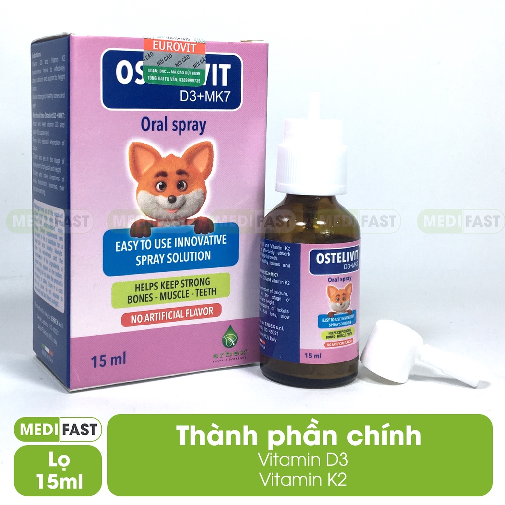 Bổ sung vitamin D3, K2 - Ostelivit D3+MK7 - giúp bé tăng cường hấp thu canxi, xương răng chắc khỏe - Lọ 15 ml từ Ý