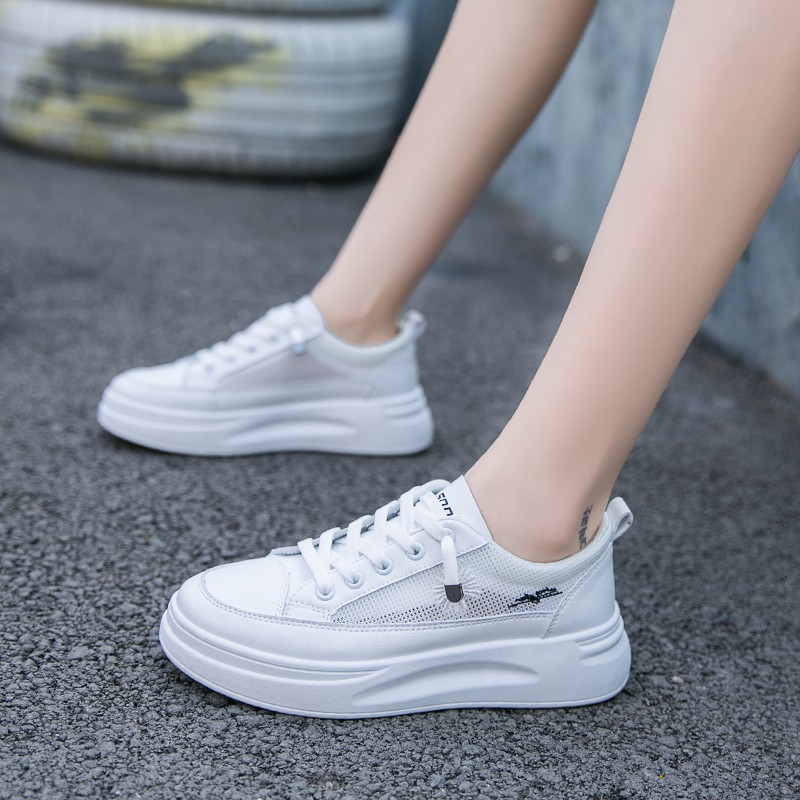 Giày thể thao nữ, sneaker nữ màu trắng da mềm phối lưới thêu hoa cúc phong cách Hàn Quốc