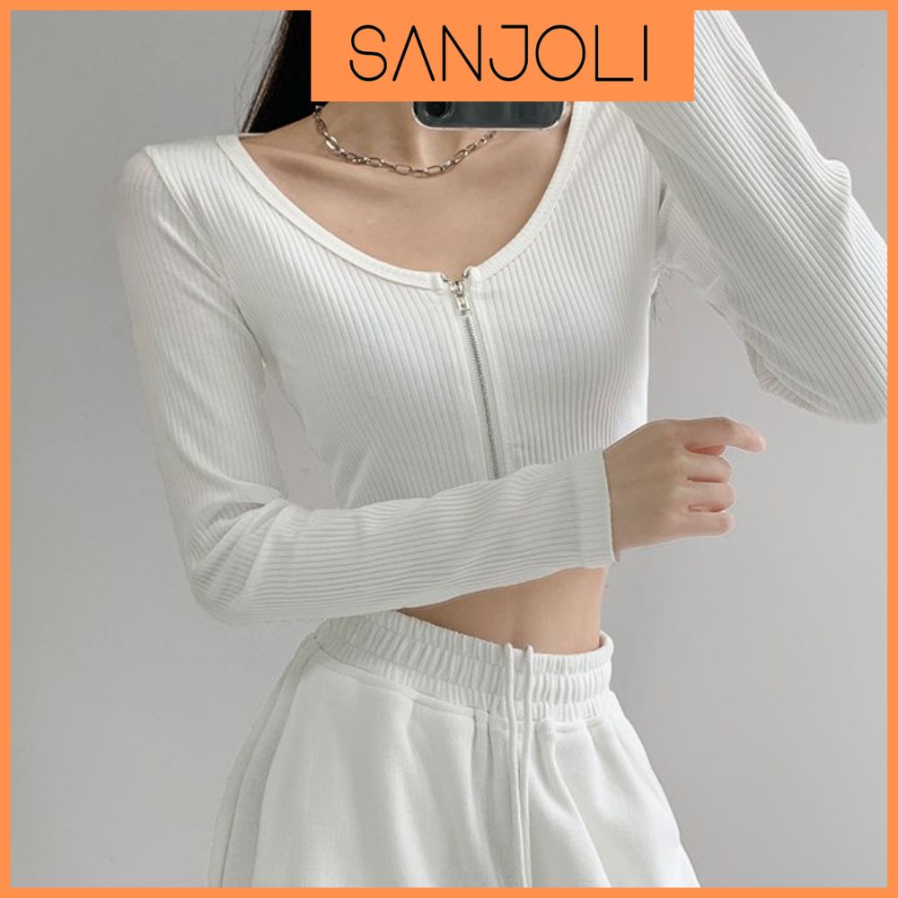 Áo Croptop Ôm Tay Dài SANJOLI Áo Kiểu Croptop Nữ Body Sexy Cổ Tim Đẹp Bánh Bèo Trắng Đen AO036