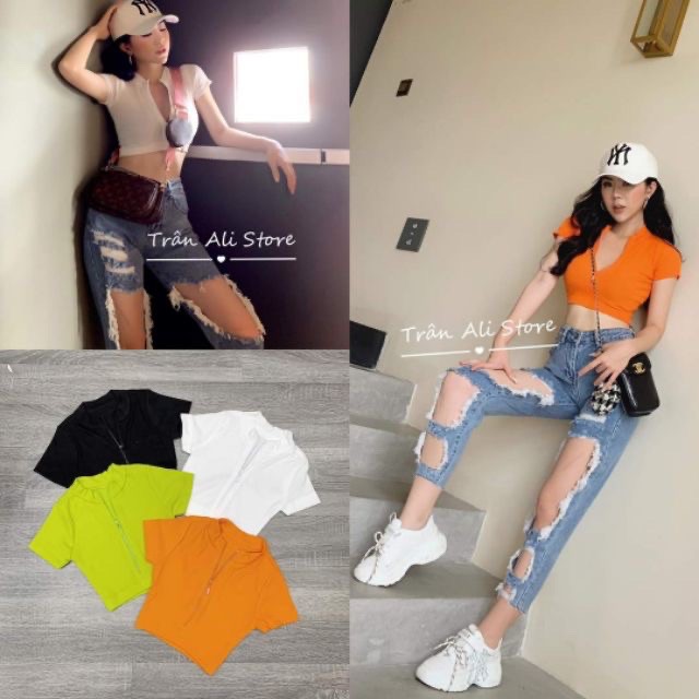 ÁO CROPTOP DÂY KÉO TAY NGẮN CỔ TRỤ CỰC XINH