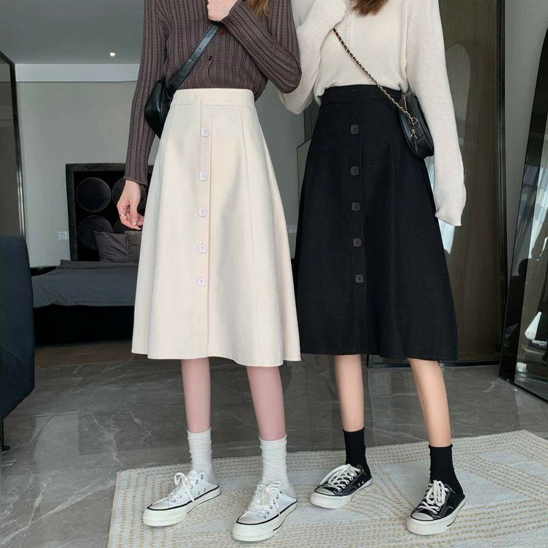 chân váy xòe dáng dài 5 cúc phong cách hàn quốc