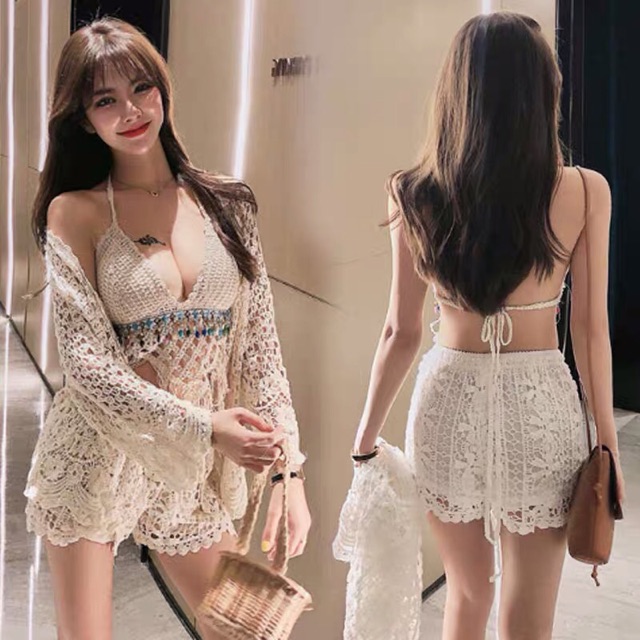 Set biển - set 3 món - bra tam giác ngọc + quần xẻ vạt + choàng ren hoa tay sóng điệu đà (có tách rời)