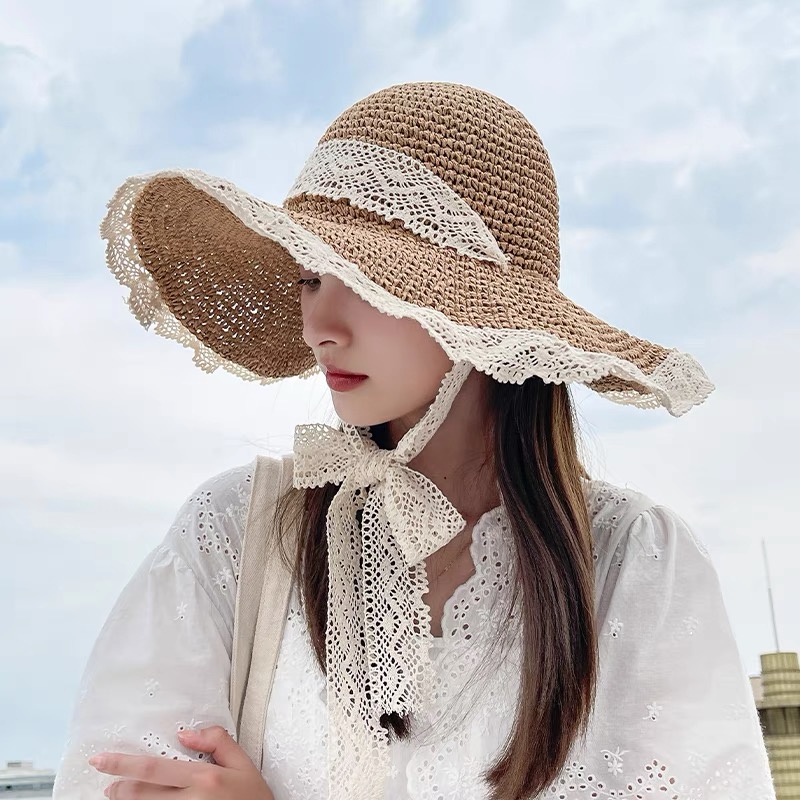 Mũ đi biển nón rộng vành phối ren sang chảng cho nữ, hàng có sẵn